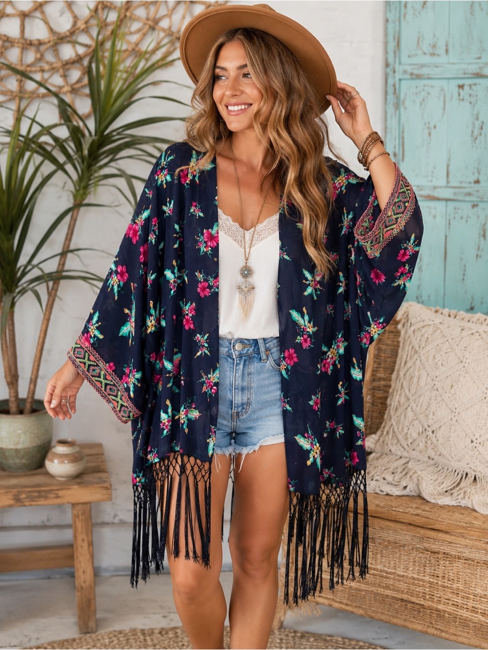 Sweet Rain Navy Floral Fringe Cover-Up Kimono Size XL